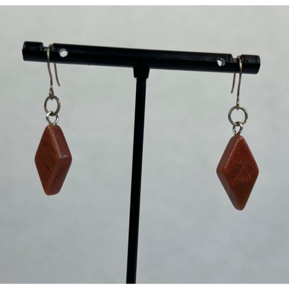 Goldstone Diamond Shaped Drop Earrings Silver Hooks Brown Sparkly - Picture 1 of 7